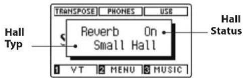 TRANSPOSE PHONES USB Hall Typ Reverb On Small Hall Hall Status 1 VT 2 MENU 3 MUSIC