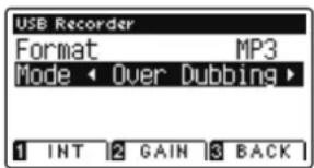 USB Recorder Format MP3 Mode Over Dubbing 1 INT 2 GAIN 3 BACK