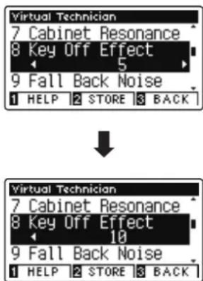 Virtual Technician 7 Cabinet Resonance 8 Key Off Effect 5 9 Fall Back Noise 1 HELP 2 STORE 3 BACK Virtual Technician 7 Cabinet Resonance 8 Key Off Effect 10 9 Fall Back Noise 1 HELP 2 STORE 3 BACK