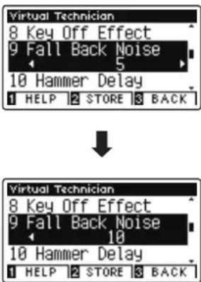 Virtual Technician 8 Key Off Effect 9 Fall Back Noise 5 10 Hammer Delay 1 HELP 2 STORE 3 BACK Virtual Technician 8 Key Off Effect 9 Fall Back Noise 10 10 Hammer Delay 1 HELP 2 STORE 3 BACK