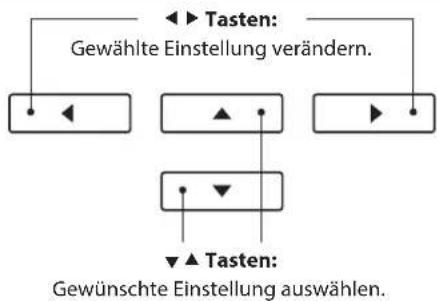 graph TD A["◀ Tasten: Gewählte Einstellung verändern."] --> B["◀"] C["▲"] --> D["▼"] E["▶"] --> F["▼"] G["▶"] --> H["▲"] I["▼"] --> J["▲"] K["▲"] --> L["▼"] M["▲"] --> N["▼"] O["▲"] --> P["▼"] Q["▲"] --> R["▼"] S["▲"] --> T["▼"] U["▲"] --> V["▼"] W["▲"] --> X["▼"] Y["▲"] --> Z["▼"] AA["▲"] --> AB["▼…