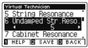 Virtual Technician 5 String Resonance 6 Undamped Str.Reso. 7 Cabinet Resonance 1 HELP 2 SAVE 3 BACK