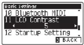 Basic Settings 10 Bluetooth MIDI 11 LCD Contrast 5 12 Startup Setting 3 BACK