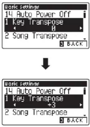 Basic settings 14 Auto Power Off 1 Key Transpose 2 Song Transpose 3 BACK ↓ Basic settings 14 Auto Power Off 1 Key Transpose +3 2 Song Transpose 3 BACK