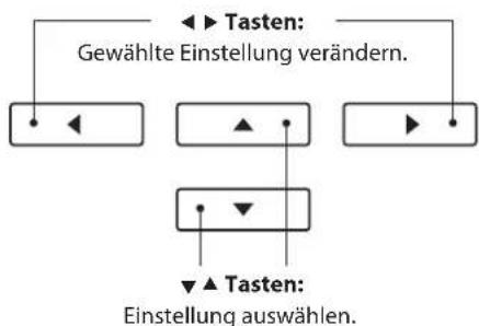 ◀▶ Tasten: Gewählte Einstellung verändern. ◀◀ ▲ ▼ ▲ Tasten: Einstellung auswählen.
