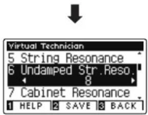 Virtual Technician 5 String Resonance 6 Undamped Str.Reso. 7 Cabinet Resonance 1 HELP 2 SAVE 3 BACK