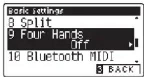 Basic Settings 8 Split 9 Four Hands Off 10 Bluetooth MIDI 3 BACK