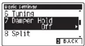 Basic settings 6 Tuning 7 Damper Hold Off 8 Split 3 BACK