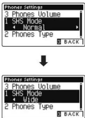 Phones Settings 3 Phones Volume 1 SHS Mode Normal 2 Phones Type 3 BACK Phones Settings 3 Phones Volume 1 SHS Mode Wide 2 Phones Type 3 BACK