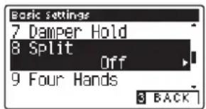 Basic Settings 7 Damper Hold 8 Split Off 9 Four Hands 3 BACK