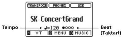 TRANSPOSE PHONES USB SK ConcertGrand Tempo J=120 •000 • 1 VT 2 MENU 3 MUSIC Beat (Taktart)