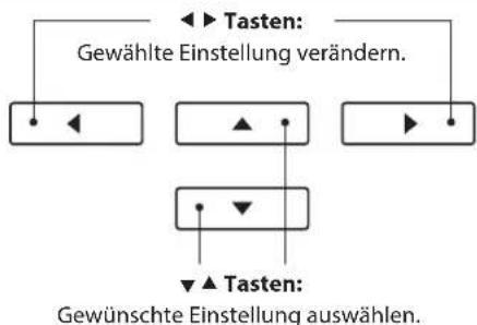 Tasten: Gewählte Einstellung verändern. Tasten: Gewünschte Einstellung auswählen.