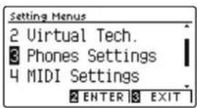 Setting Menus 2 Virtual Tech. 3 Phones Settings 4 MIDI Settings 2 ENTER 3 EXIT