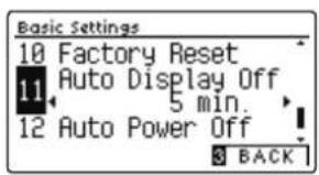 Basic Settings 10 Factory Reset 11 Auto Display Off 5 min. 12 Auto Power Off BACK