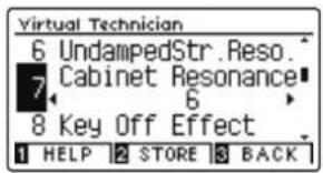 Virtual Technician 6 UndampedStr.Reso. 7 Cabinet Resonance 8 Key Off Effect 1 HELP 2 STORE 3 BACK