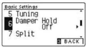 Basic Settings 5 Tuning 6 Damper Hold 7 Split Off 3 BACK
