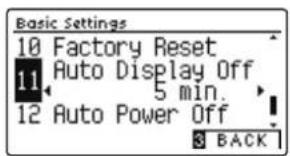 Basic Settings 10 Factory Reset 11 Auto Display Off 5 min. 12 Auto Power Off BACK