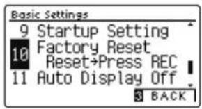 Basic Settings 9 Startup Setting Factory Reset Reset+Press REC 10 11 Auto Display Off 3 BACK