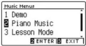 Music Menus 1 Demo 2 Piano Music 3 Lesson Mode 2 ENTER 3 EXIT