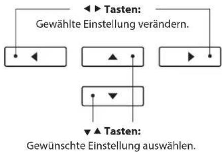 graph TD A["▶ Tasten: Gewählte Einstellung verändern."] --> B["◀"] C["▶"] --> D["▲"] E["▶"] --> F["▼"] G["▼"] --> H["▲"] I["▶"] --> J["▲"] K["▶"] --> L["▲"] M["▶"] --> N["▲"] O["▶"] --> P["▲"] Q["▶"] --> R["▲"] S["▶"] --> T["▲"] U["▶"] --> V["▲"] W["▶"] --> X["▲"] Y["▶"] --> Z["▲"] AA["▶"] --> AB["▲…
