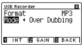 USB Recorder Format MP3 Mode Over Dubbing 1 INT 2 GAIN 3 BACK