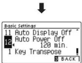 Basic Settings 11 Auto Display Off 12 Auto Power Off 120 min. 1 Key Transpose !