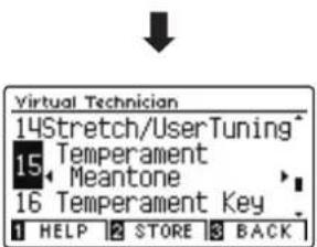 Virtual Technician 14Stretch/UserTuning 15 Temperament • Meantone 16 Temperament Key 1 HELP 2 STORE 3 BACK