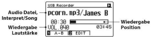 Audio Datei, Interpret/Song Wiedergabe Lautstärke USB Recorder pcorn.mp3/James B 00:30 VOL.040 03:45 1 A-B 2 EDIT Wiedergabe Position