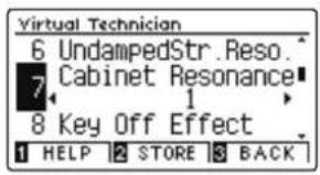Virtual Technician 6 UndampedStr.Reso. 7 Cabinet Resonance 8 Key Off Effect 1 HELP 2 STORE 3 BACK