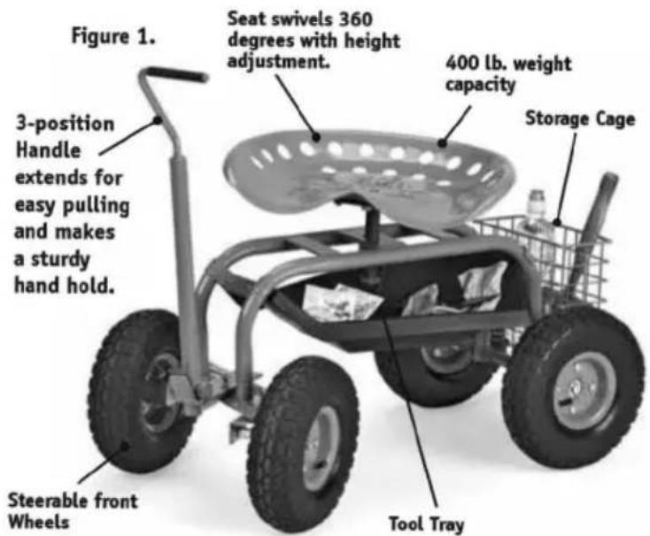 Figure 1. 3-position Handle extends for easy pulling and makes a sturdy hand hold. Steerable front Wheels Seat swivels 360 degrees with height adjustment. 400 lb. weight capacity Storage Cage Tool Tray