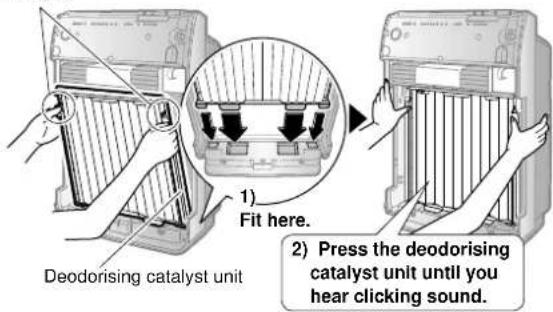 1) Fit here. 2) Press the deodorising catalyst unit until you hear clicking sound.