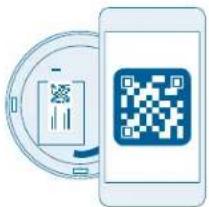 Illustration showing a smartphone scanning a QR code with a circular device and payment interface