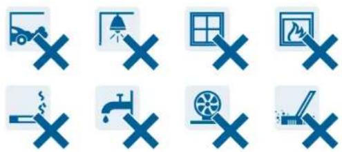 Grid of nine blue cross icons representing various workplace safety symbols, including fire truck, ceiling, window, hand gesture, water spray, tire, film reel, and brush.