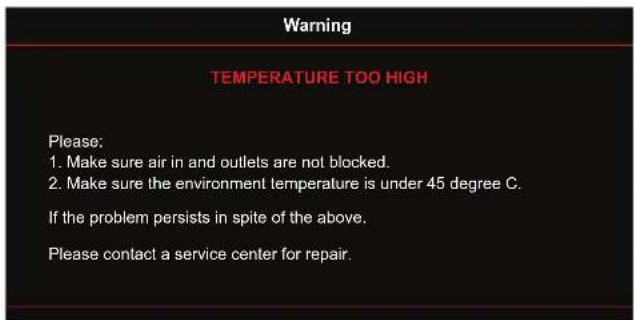Warning TEMPERATURE TOO HIGH Please: 1. Make sure air in and outlets are not blocked. 2. Make sure the environment temperature is under 45 degree C. If the problem persists in spite of the above. Please contact a service center for repair.