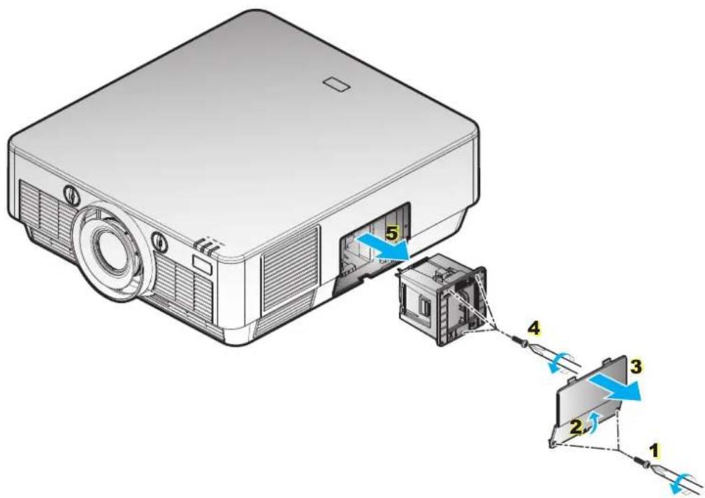 Diagram of a projector with labeled components and wiring, showing internal structure and connection paths