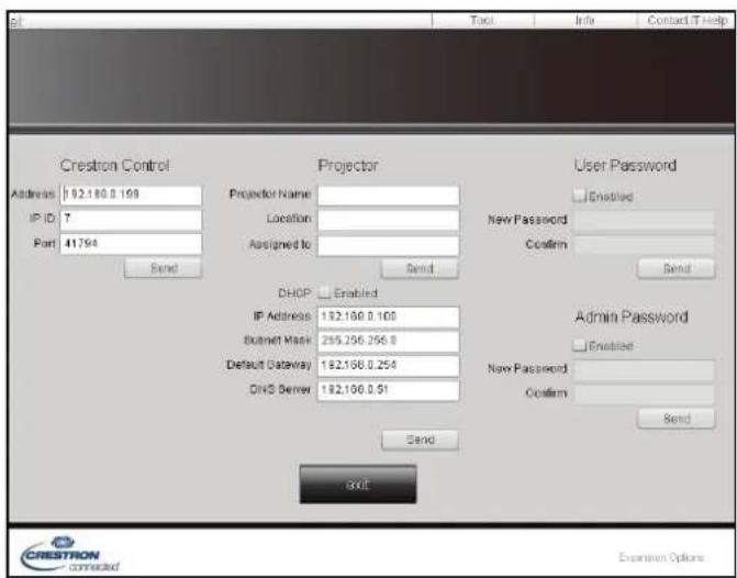 Crestron Control Address: 92.180.0.199 IP ID: 7 Port: 41.794 Send Projector Projector Name: Location: Assigned to: Send DHCP Enabled IP Address: 192.180.0.100 Bustnet Mask: 255.256.256.8 Default Gateway: 192.180.0.254 DNS Server: 192.100.0.51 User Password Enabled New Password Confirm Send Admin Password Enabled New Password Confirm Send Send OKT CRESTRON connected Examination Options