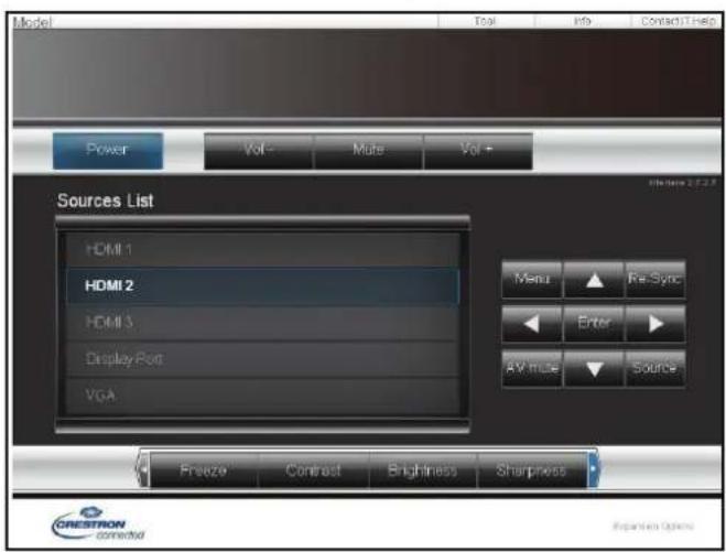 Model Power Vol - Mute Vol + Sources List HDMI 1 HDMI 2 HDMI 3 Display Port VGA Menu Re-Sync Enter AV Mode Source Freeze Contrast Brightness Sharpness CRESTON Connected Expansion Options