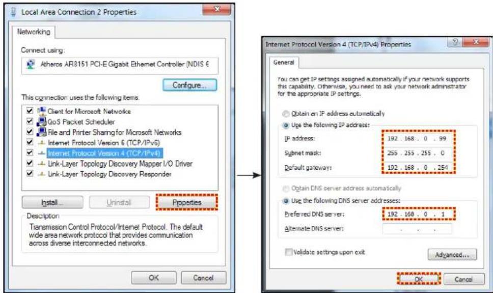 Local Area Connection 2 Properties Networking Connect using: Atheros AR8151 PCI-E Gigabit Ethernet Controller (NDIS €) Configure... This connection uses the following items: Client for Microsoft Networks GoS Packet Scheduler File and Printer Sharing for Microsoft Networks Internet Protocol Version 6 (TCP/IPv5) Internet Protocol Version 4 (TCP/IPv4) Link-Layer Topology Discovery Mapper I/O Driver Link-Layer Topology Discovery Responder Install... Uninstall Properties Description Transmission Control Protocol/Internet Protocol. The default wide area network protocol that provides communication across diverse interconnected networks. Internet Protocol Version 4 (TCP/IPv4) Properties General You can get IP settings assigned automatically if your network supports this capability. Otherwise, you need to ask your network administrator for the appropriate IP settings. Obtain an IP address automatically Use the following IP address: IP address: 192 . 168 . 0 . 99 Subnet mask: 255 . 255 . 255 . 0 Default gateway: 192 . 168 . 0 . 254 Obtain DNS server address automatically Use the following DNS server addresses: Preferred DNS server: 192 . 168 . 0 . 1 Alternate DNS server: . Validate settings upon exit Advanced... OK Cancel OK Cancel