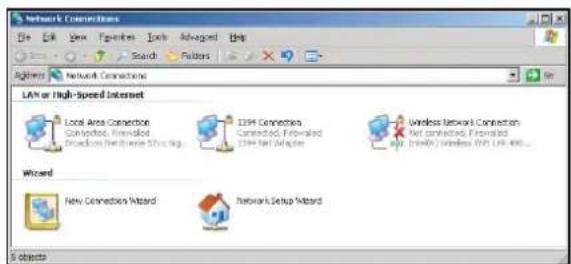 Network Connections File Edit View Favorites Tools Advanced Help Search Follows Address Network Connections LAN or High-Speed Internet Local Area Connection Connections, Enabled Accesses Net Bill Name Ship No. 1234 ECP4 Connections Connections, Enabled ECP4 Net Adapter Wireless Network Connection Net connections, Enabled Only (ItoXX) wireless Web Link 400... Wizard New Connection Wizard Network Setup Wizard Objects