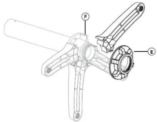Technical diagram of a mechanical component with labeled parts F and E