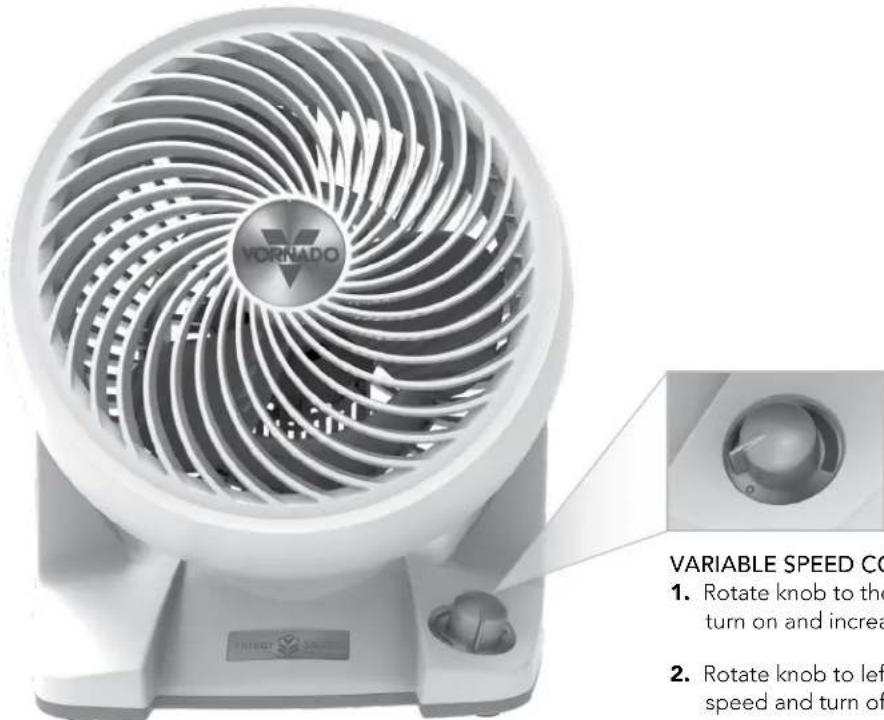 VORNADO VARIABLE SPEED CO. 1. Rotate knob to the turn on and increa 2. Rotate knob to left speed and turn of