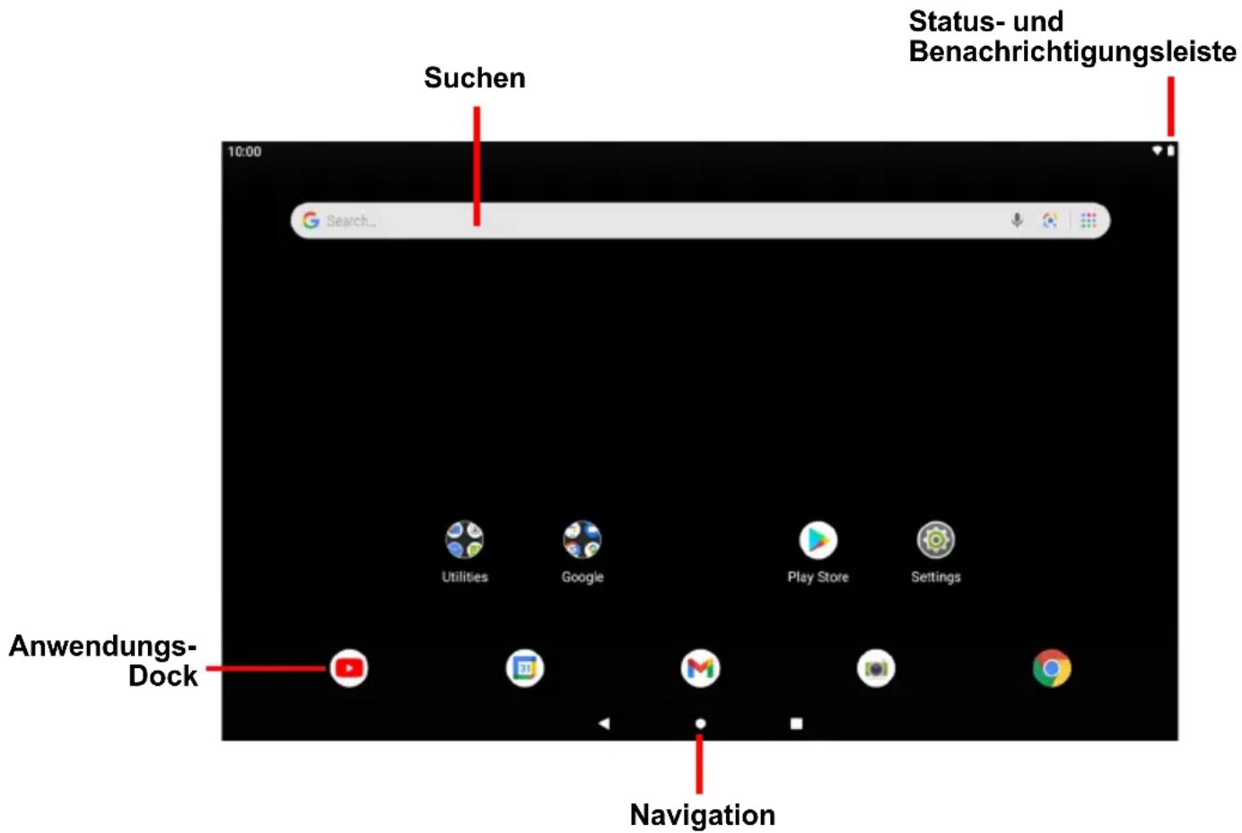 Suchen Status- und Benachrichtigungsleiste 10:00 Search... Utilities Google Play Store Settings Anwendungs- Dock Navigation