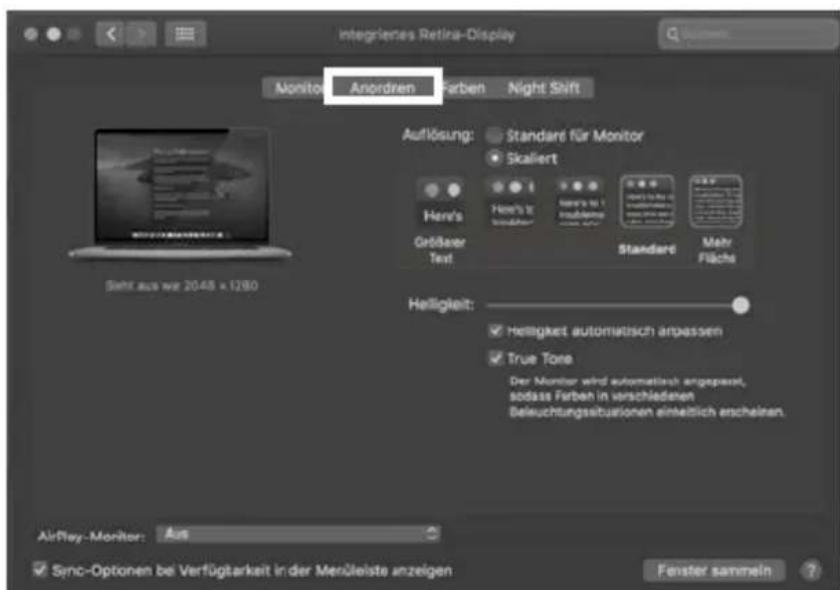 Integrienes Retika-Display Monitor Anordren Farben Night Shift Auflösung: Standard für Monitor Skaliert Here's Größer Text Here's to be 1.000000000000000000000000000000000000000000000000000000000000000000000000000000000 Helligelt: Helligkeit automatisch arpassen True Tone Der Minter wird automatisch angepasst, sodass Farben in verschiedenen Beteuchtungsituationen einheitlich ancheisen. AirPlay-Monitor: Aus Sync-Optionen bei Verfügtarbeit in der Merüleiste anzeigen Fenster sammeln