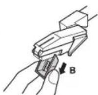 Illustration of a hand holding a small object with a labeled arrow B (no text or symbols present)