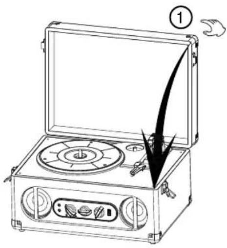 Diagram of a portable stove with labeled components and a black arrow indicating downward motion, marked with number 1.