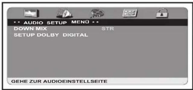 AUDIO SETUP MENÜ DOWN MIX STR SETUP DOLBY DIGITAL GEHE ZUR AUDIOEINSTELLSEITE