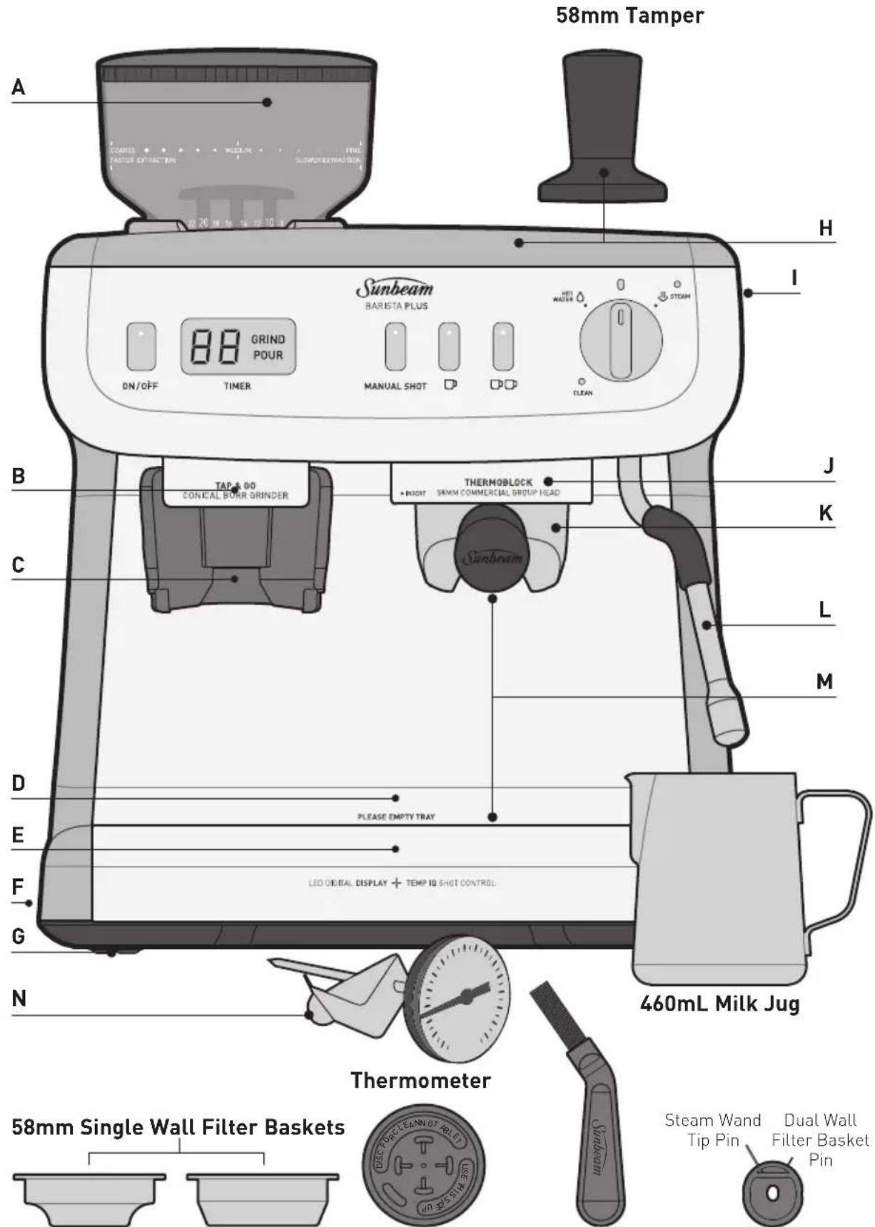 58mm Tamper A Sunbeam BARISTA PLUS ON/OFF TIMER GRIND POUR MANUAL SHOT HOT WATER STEAM I B TAP & 00 CONEAL BOUR GRINDER THERMOBLOCK • MOORT 58MM COMMERCIAL GROUP HEAD C J K L M D E PLEASE EMPTY TRAY F LED DIGITAL DISPLAY + TEMP TO SHOT CONTROL G N 460mL Milk Jug Thermometer 58mm Single Wall Filter Baskets Steam Wand Tip Pin Dual Wall Filter Basket Pin