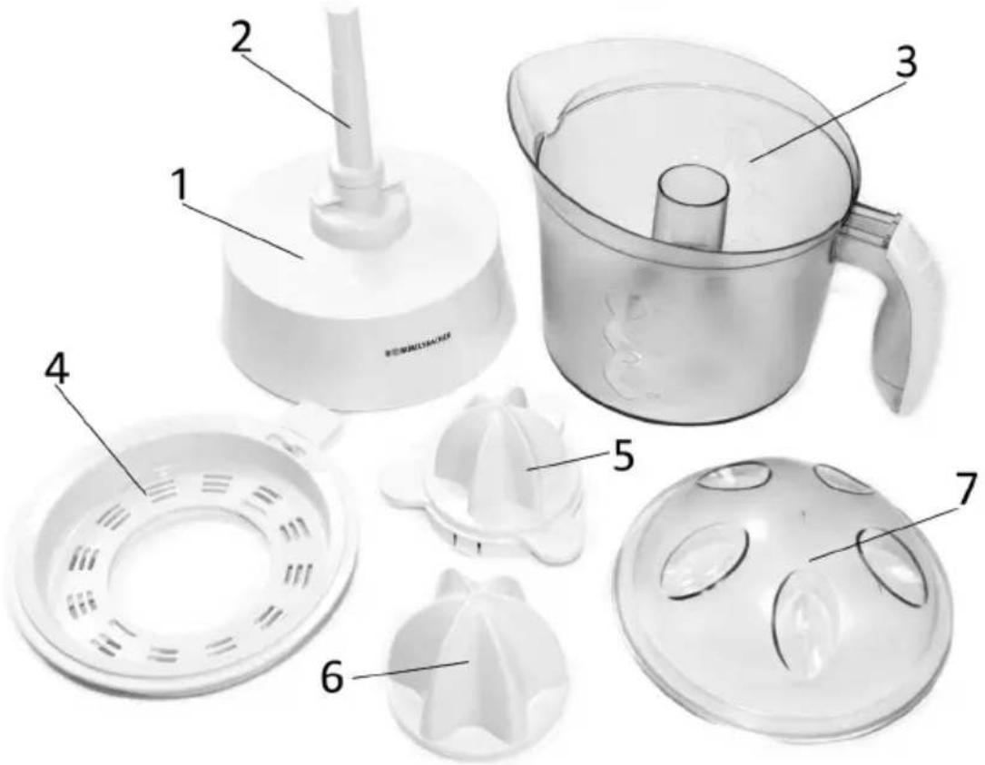 Exploded view diagram of a kitchen appliance with numbered parts labeled 1 through 7