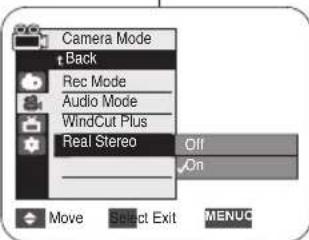Camera Mode ↑ Back Rec Mode Audio Mode WindCut Plus Real Stereo Off On Move Select Exit MENUC