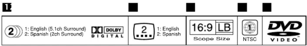1 2) 1: English (5.1ch Surround) 2: Spanish (2ch Surround) DOLBY DIGITAL 1: English 2: Spanish 16:9 LB Scope Size NTSC DVD VIDEO™
